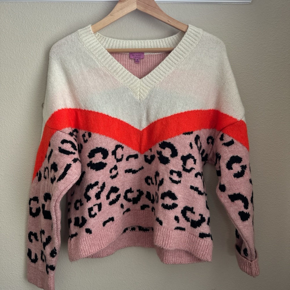 Miami Cream and Pink V-Neck Leopard Sweater